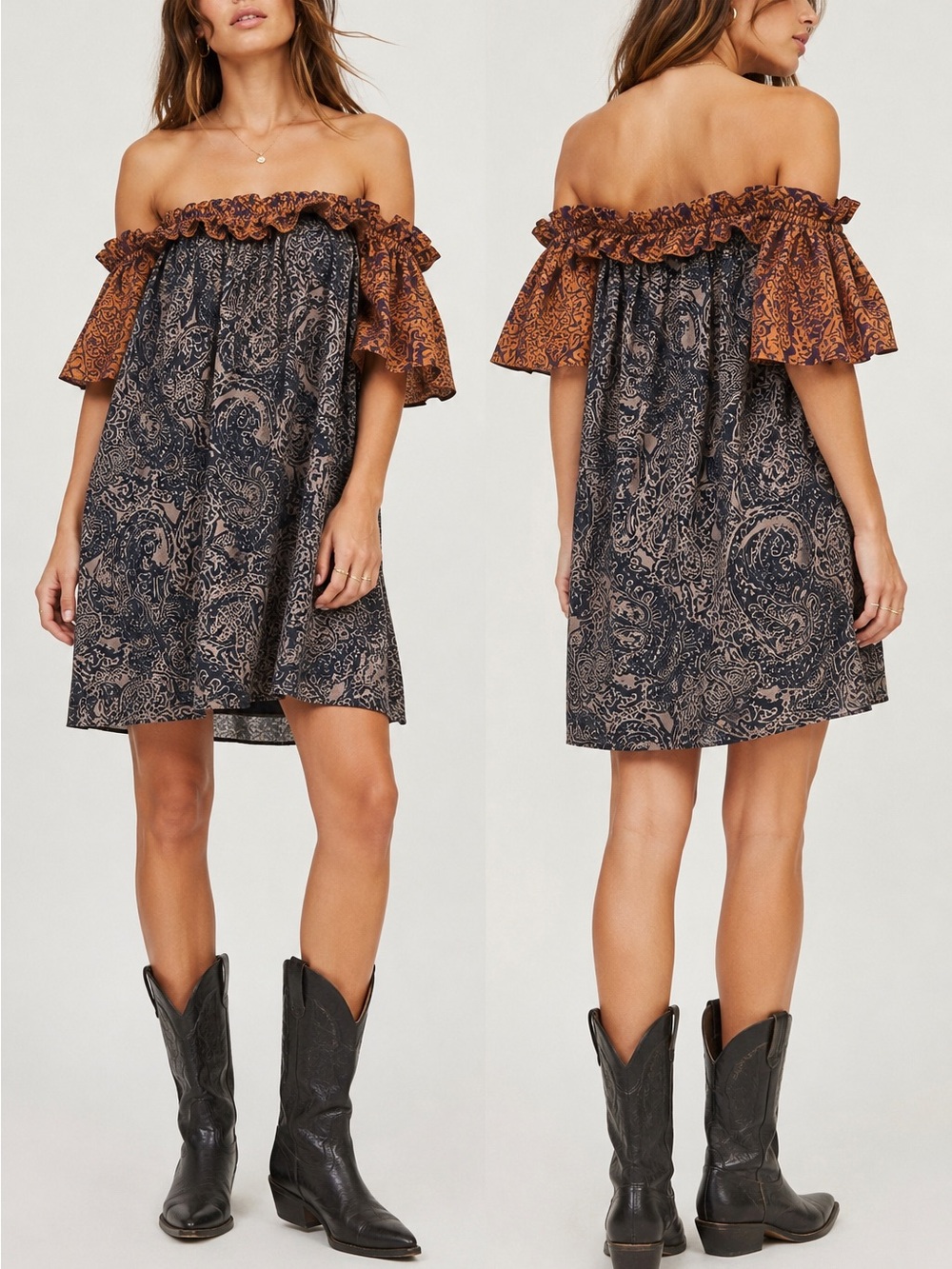 Free People NWT Off-The-Shoulder Paisley Mini Dress Size M Boho Cotton MSRP $128